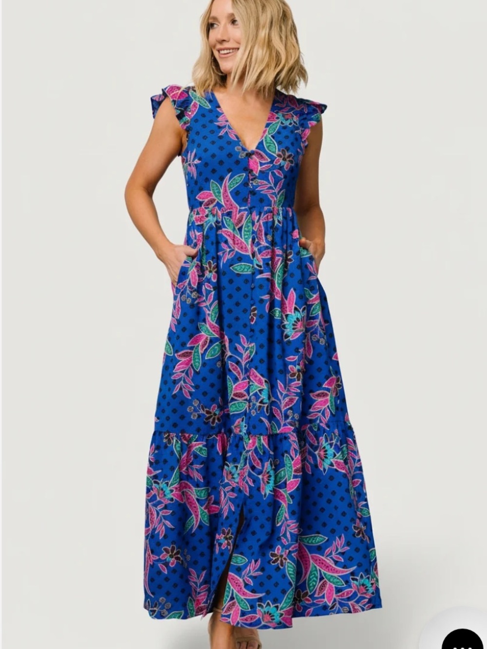 Baltic Born Biscayne Maxi Dress XL Indigo Floral Tiered Chiffon Flutter Sleeve